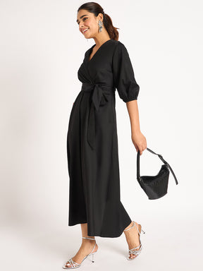 Black Pleat Detail Wrap Maxi Dress