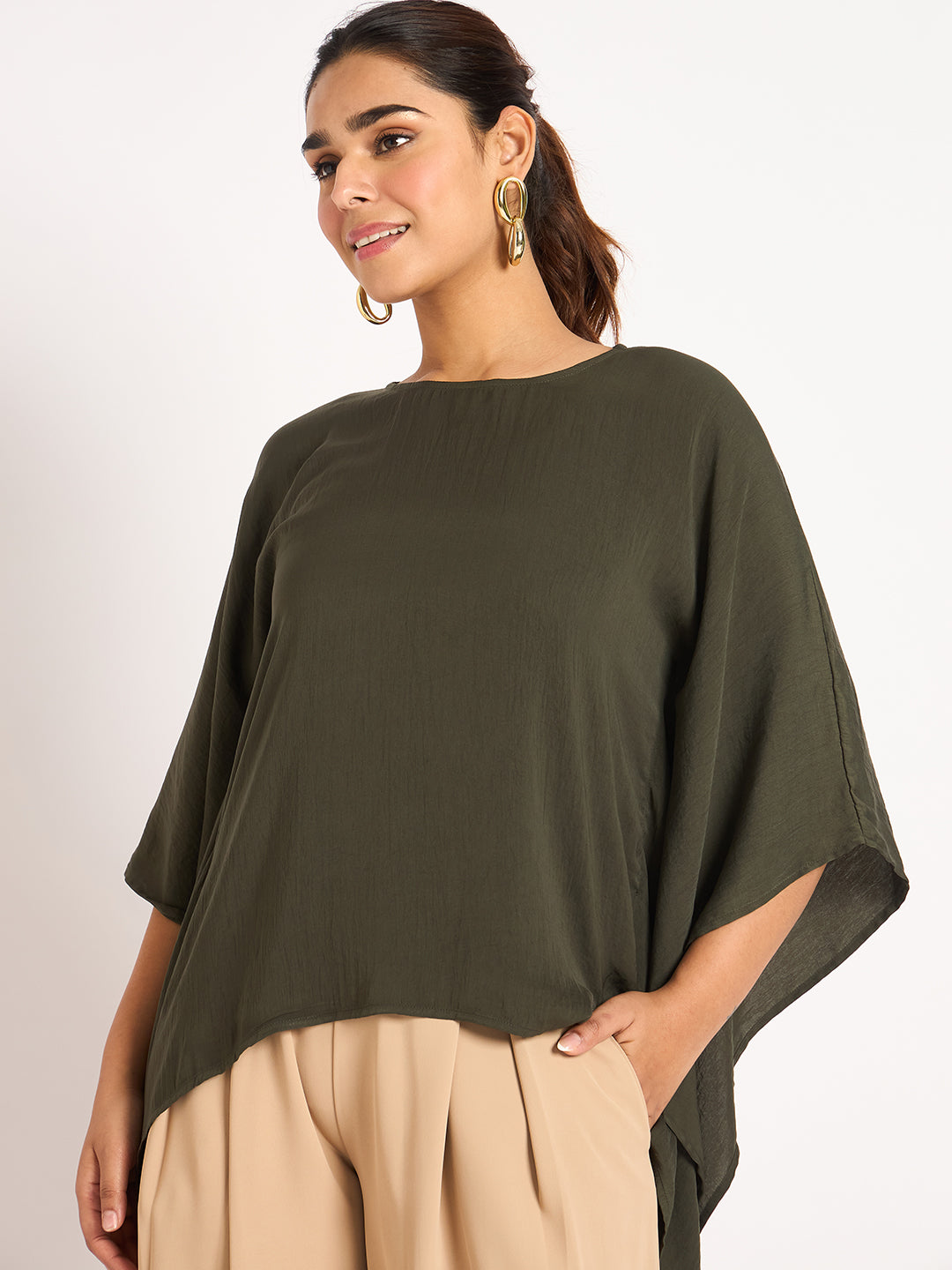 Olive Asymmetric Satin Top