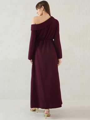 Wine One Shoulder Slit Detail Maxi Dress