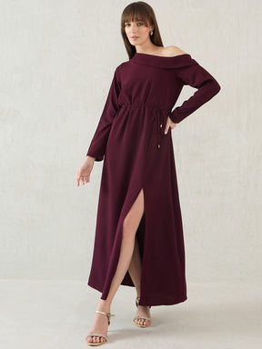 Wine One Shoulder Slit Detail Maxi Dress