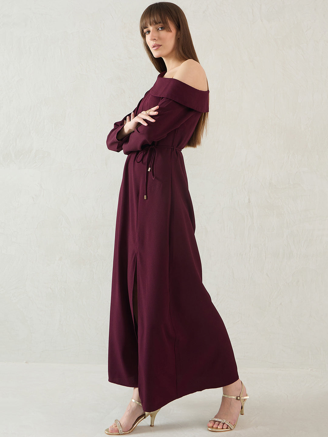 Wine One Shoulder Slit Detail Maxi Dress