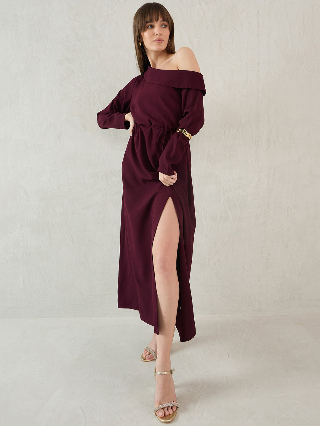 Wine One Shoulder Slit Detail Maxi Dress