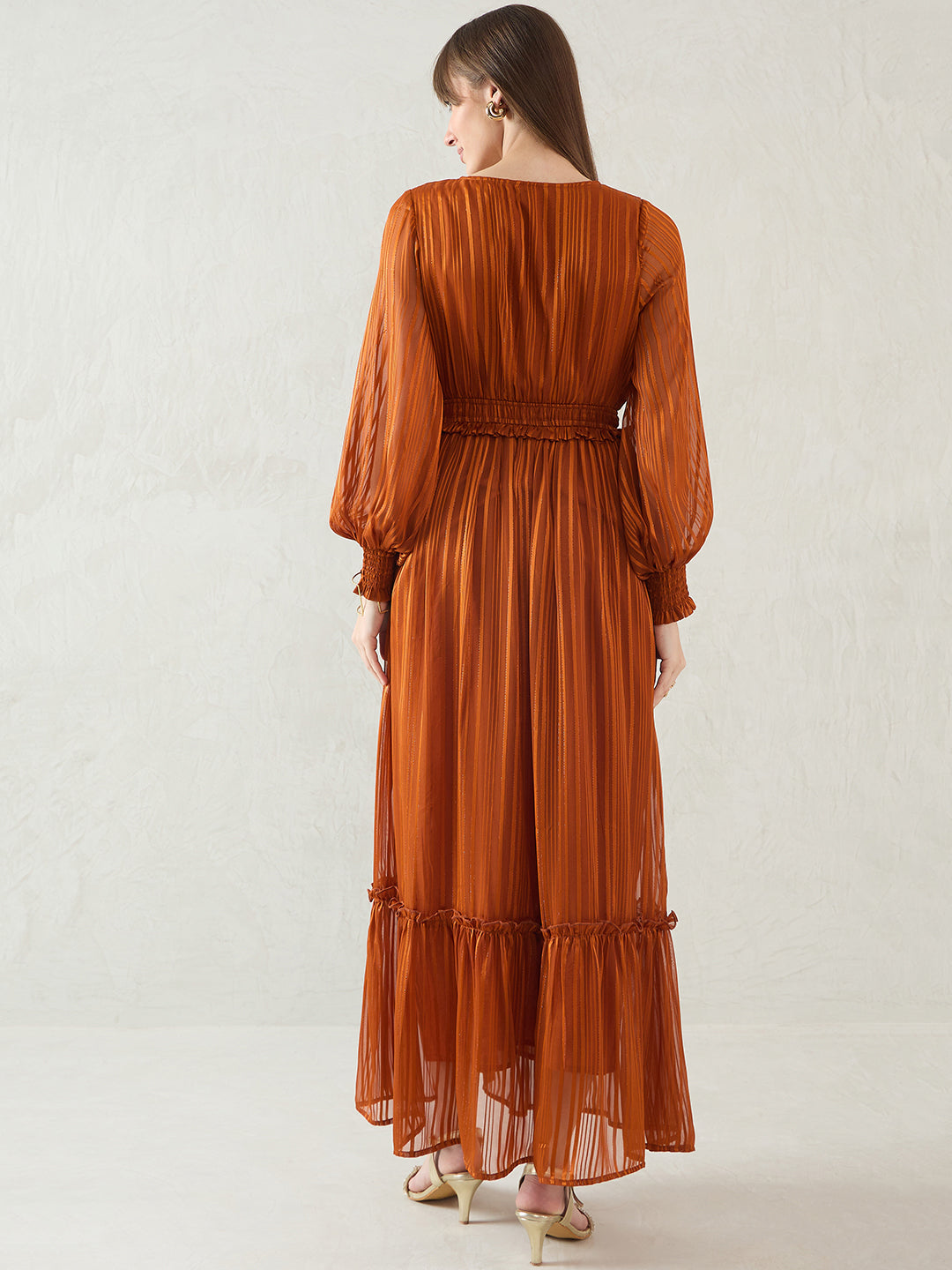 Rust Lurex Tiered Maxi Dress