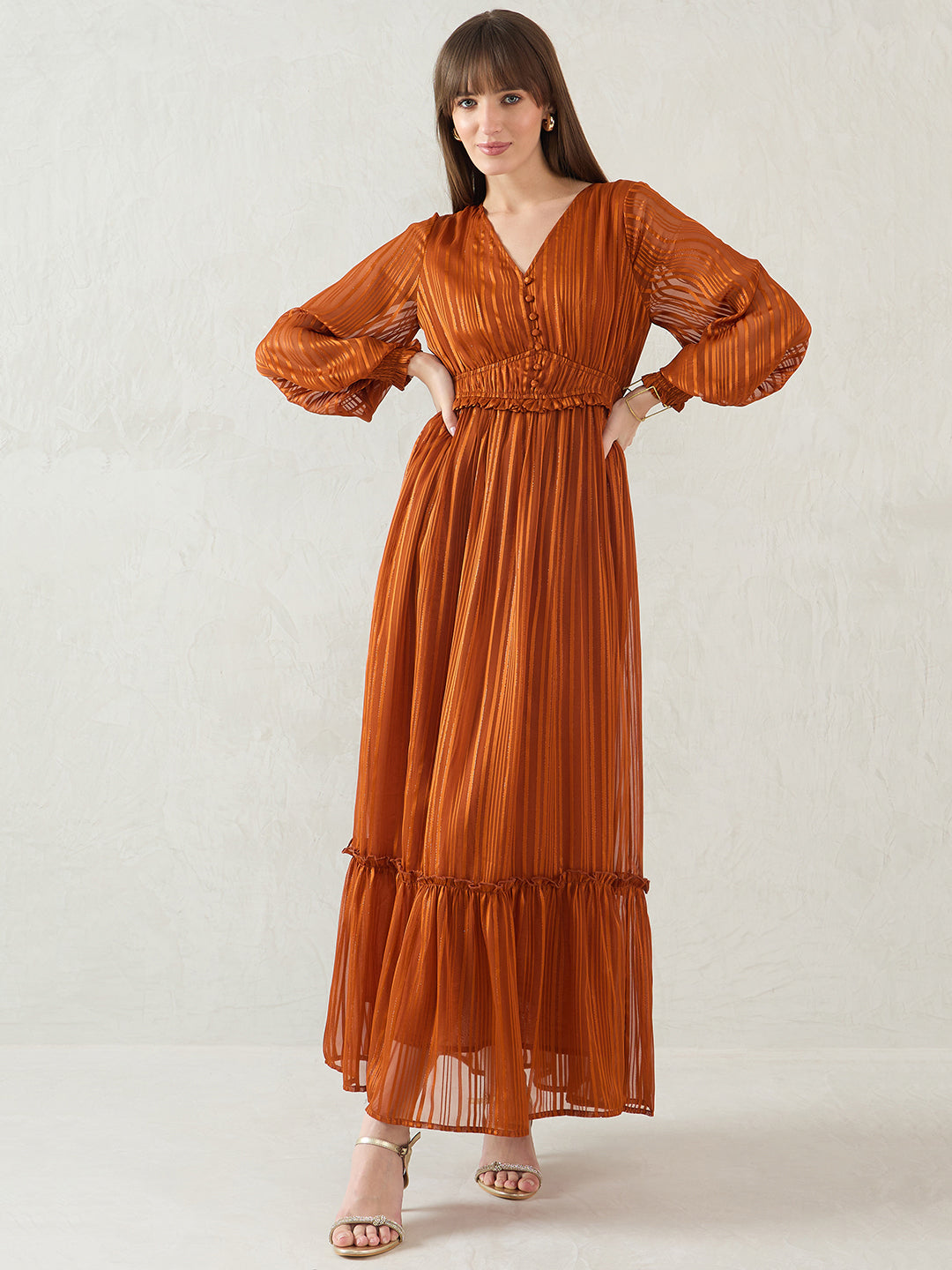 Rust Lurex Tiered Maxi Dress