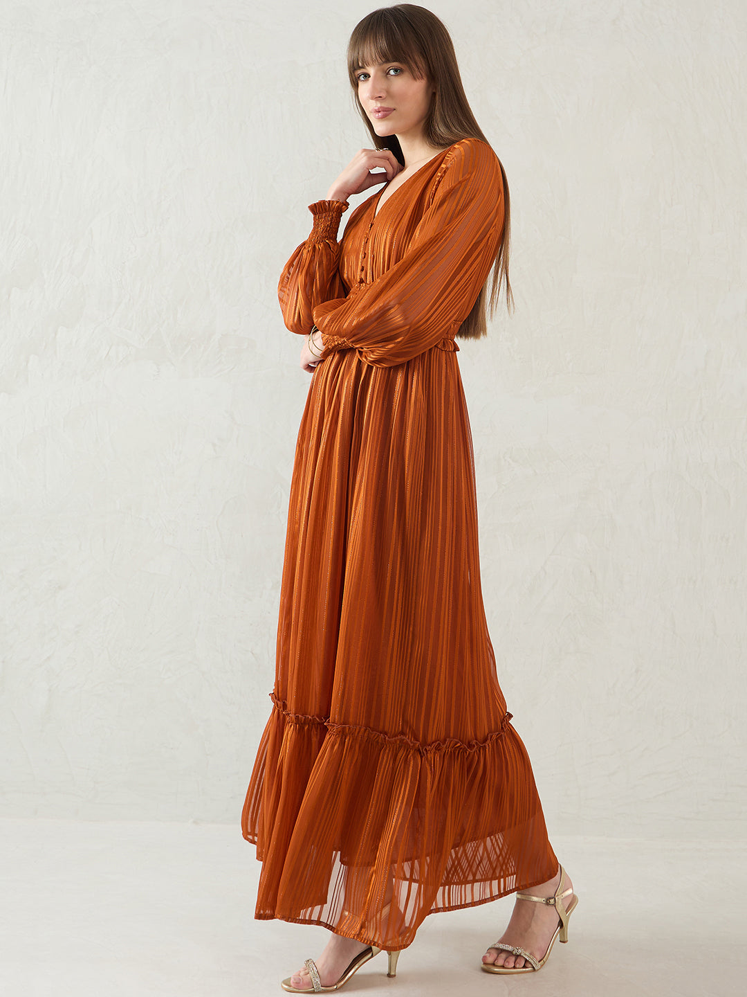 Rust Lurex Tiered Maxi Dress