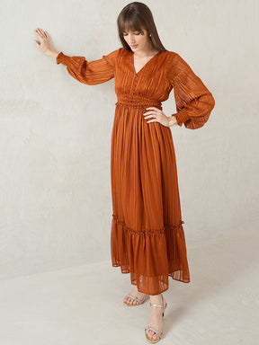 Rust Lurex Tiered Maxi Dress