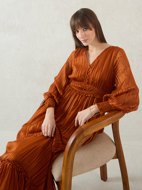 Rust Lurex Tiered Maxi Dress