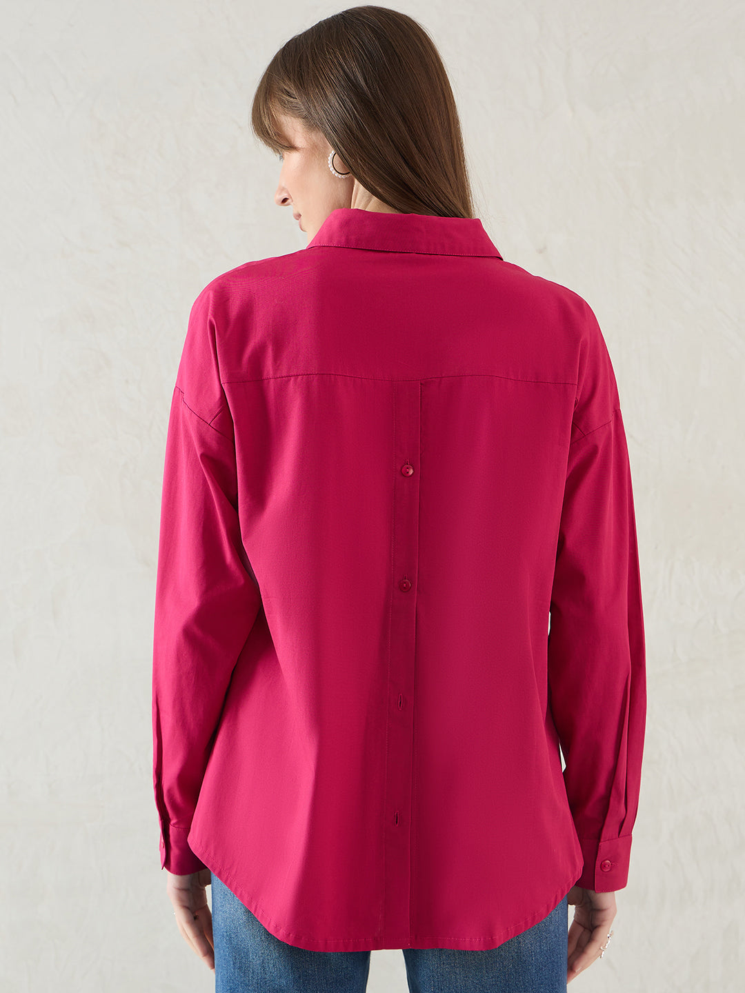 Hot Pink Cotton Back Button Detailing Shirt