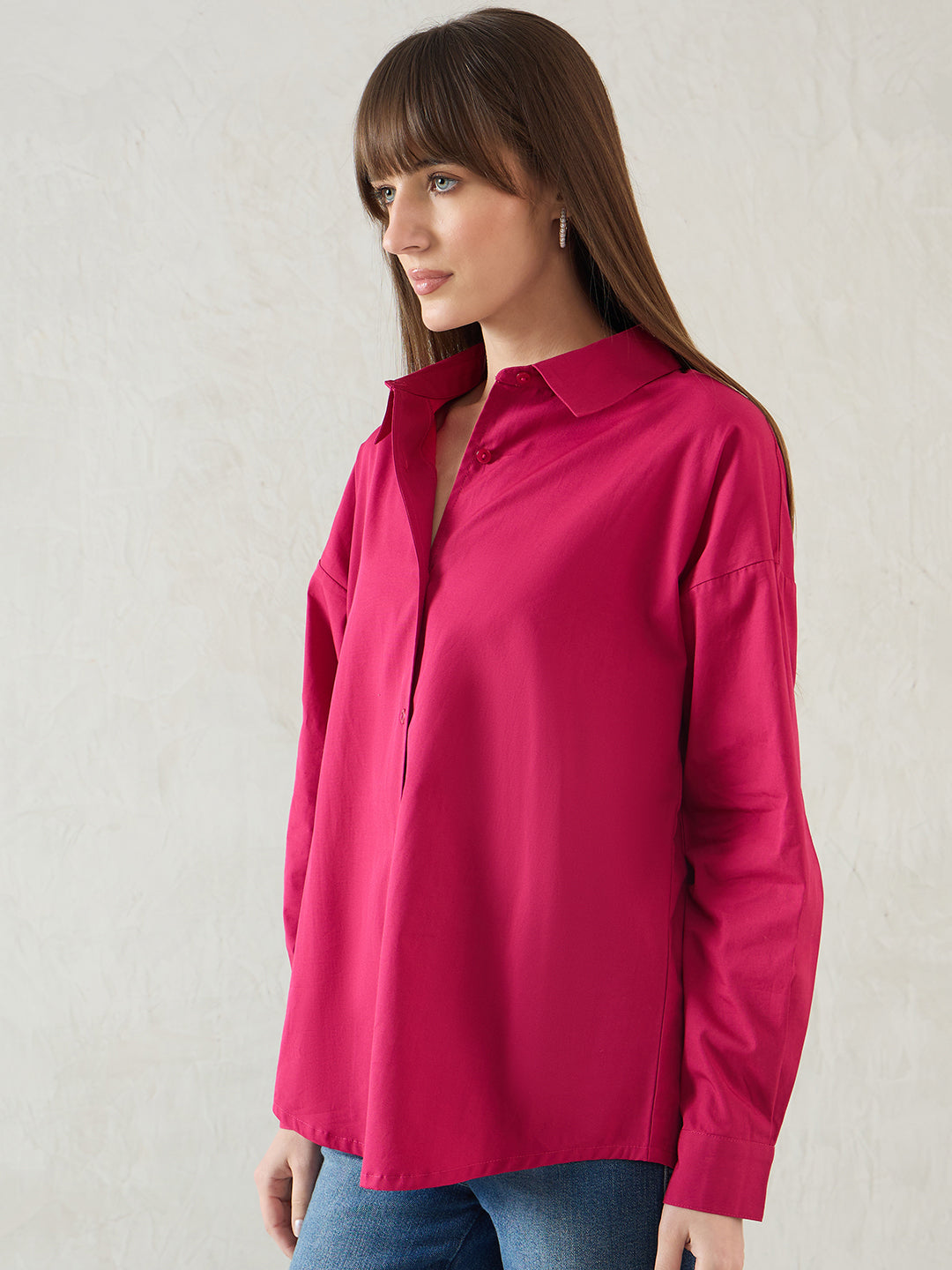 Hot Pink Cotton Back Button Detailing Shirt