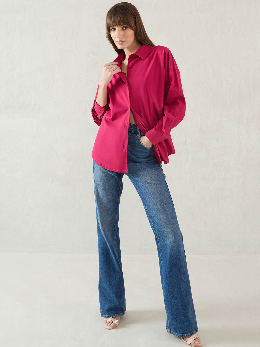 Hot Pink Cotton Back Button Detailing Shirt