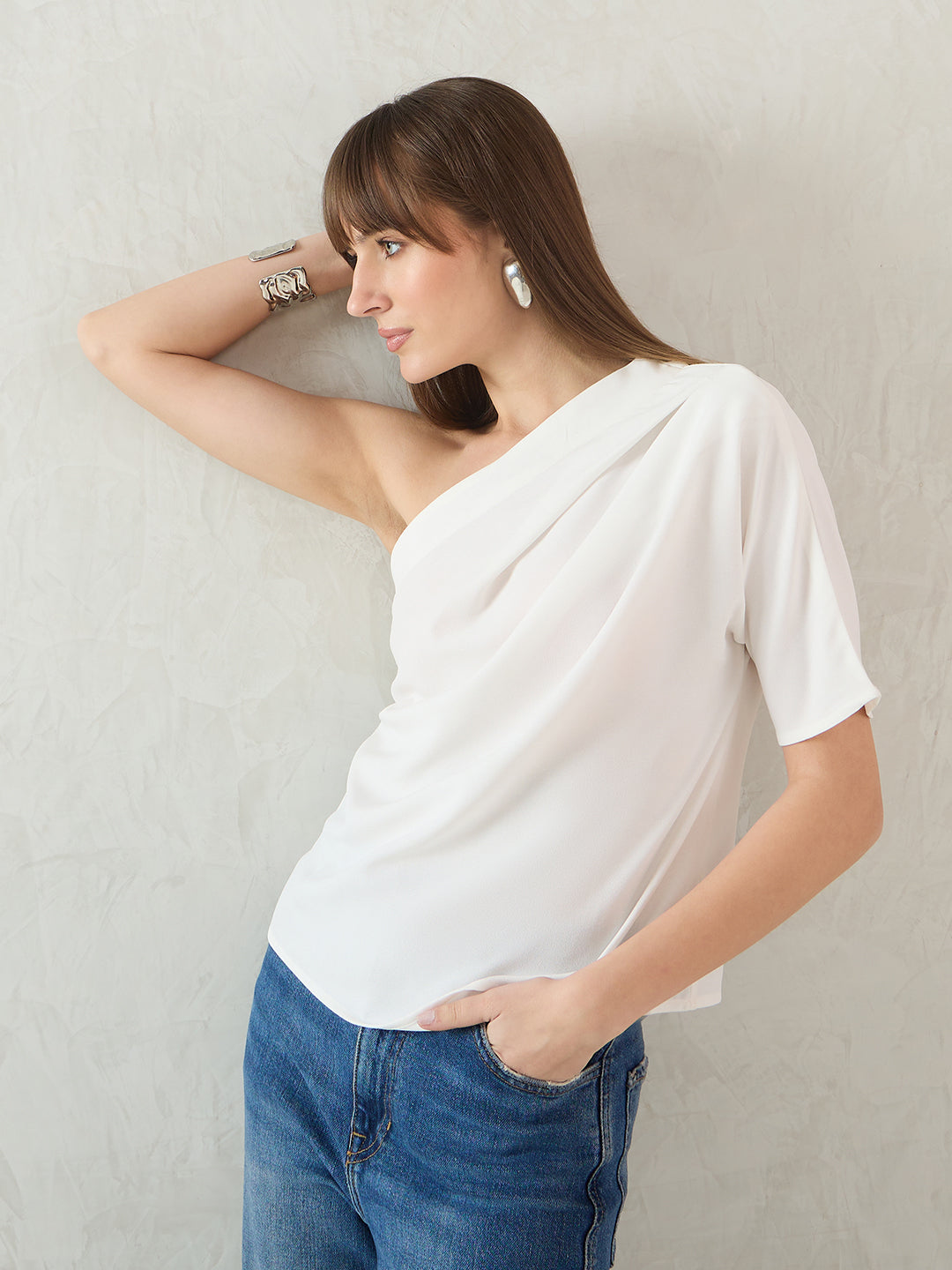 White Pleated One Shoulder Top