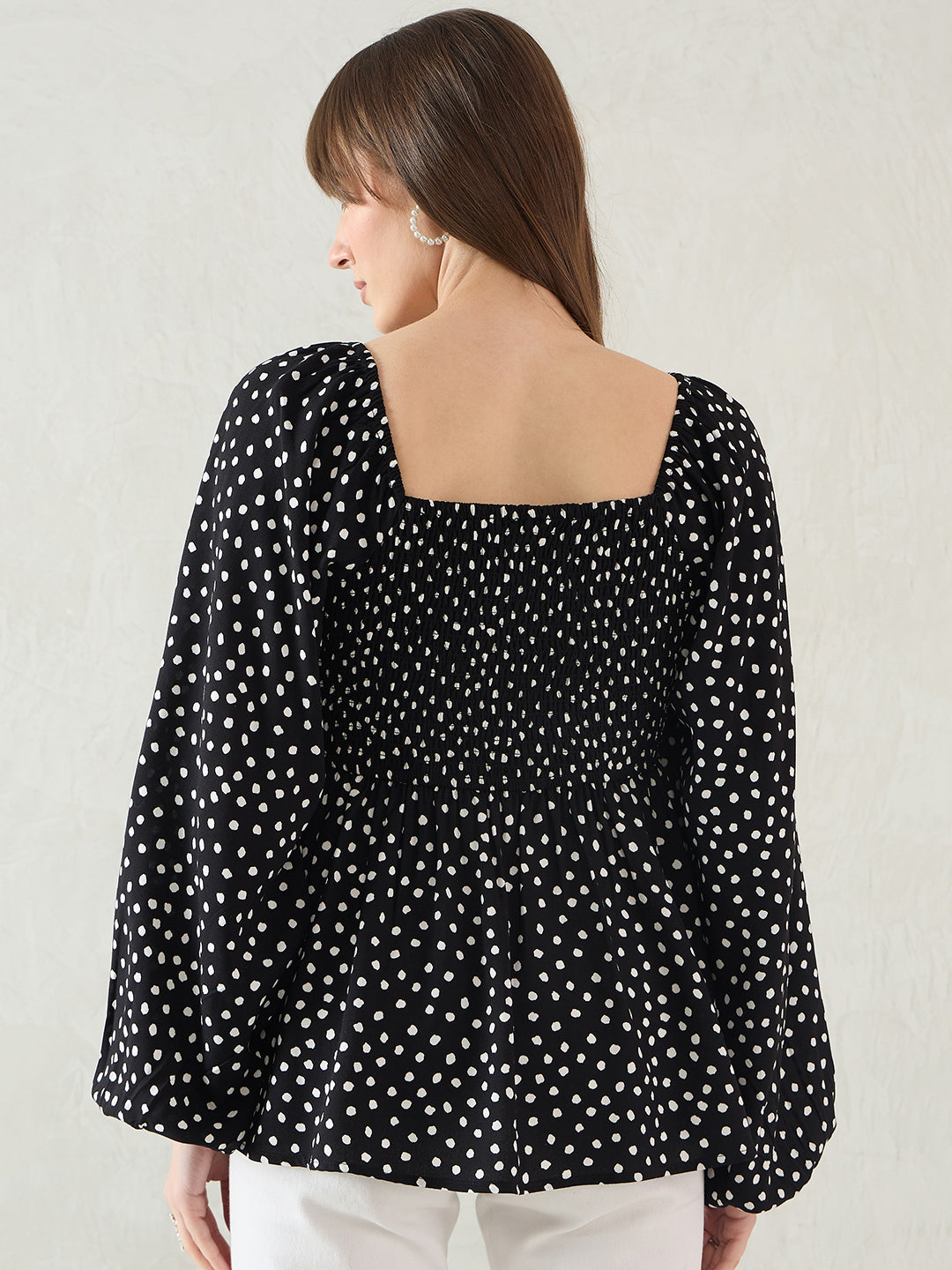 Black Polka Dot Smocked Detail Peplum Top