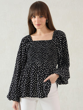 Black Polka Dot Smocked Detail Peplum Top