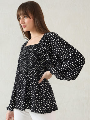 Black Polka Dot Smocked Detail Peplum Top