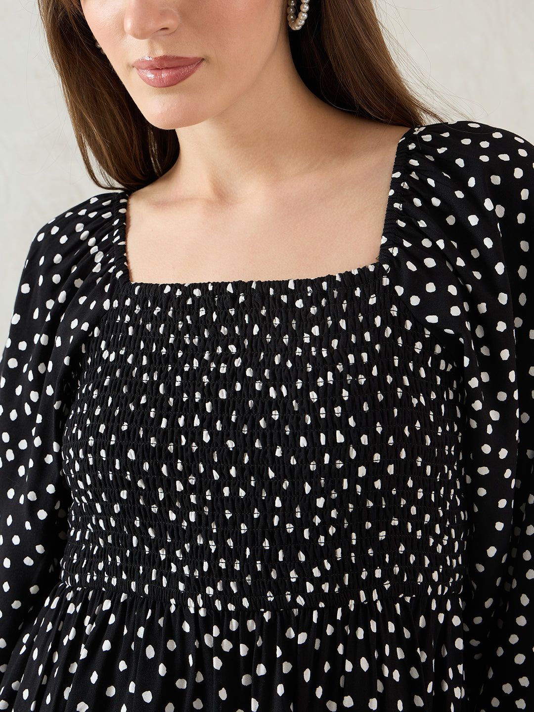 Black Polka Dot Smocked Detail Peplum Top