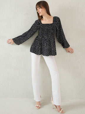 Black Polka Dot Smocked Detail Peplum Top