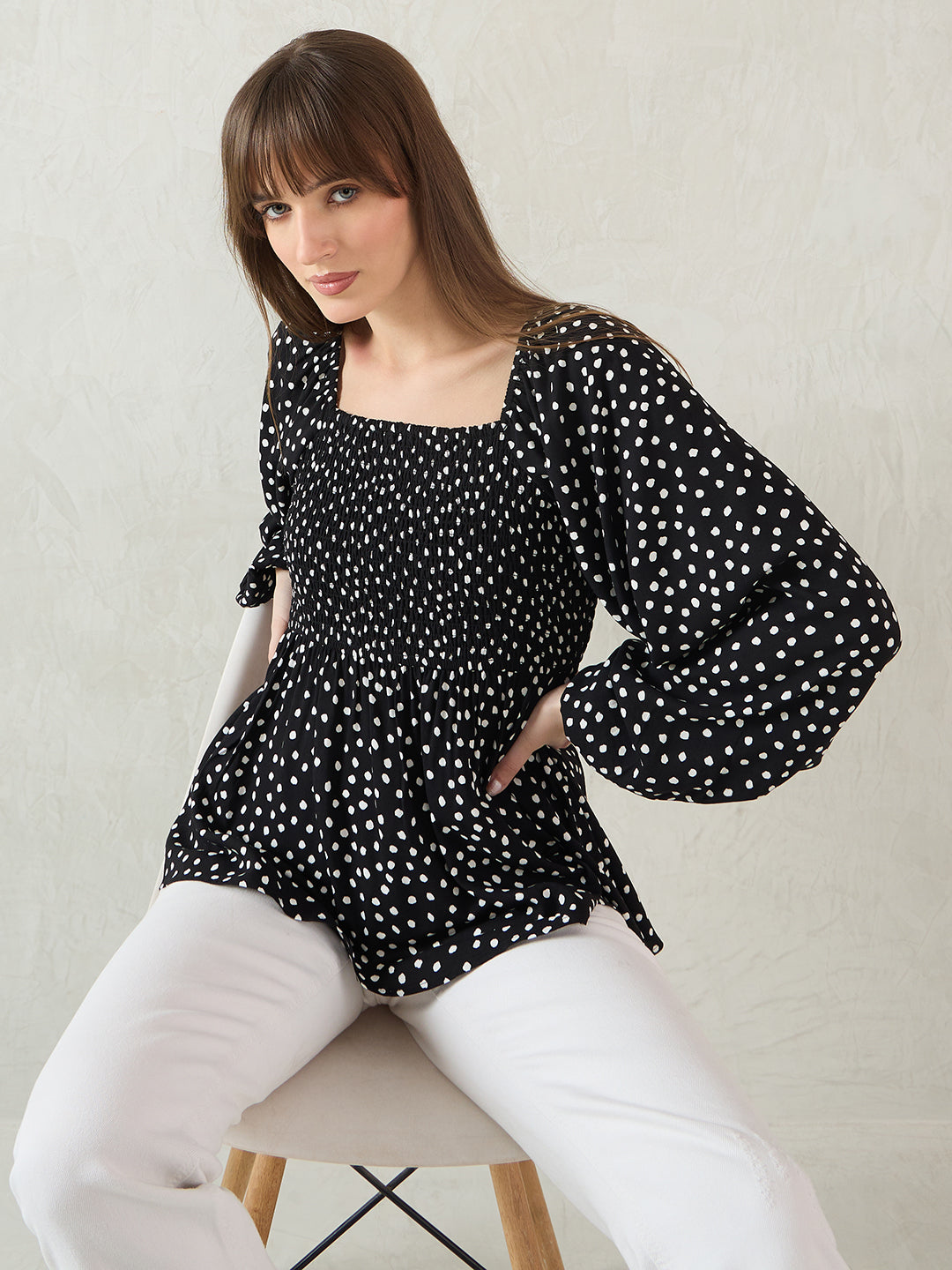 Black Polka Dot Smocked Detail Peplum Top