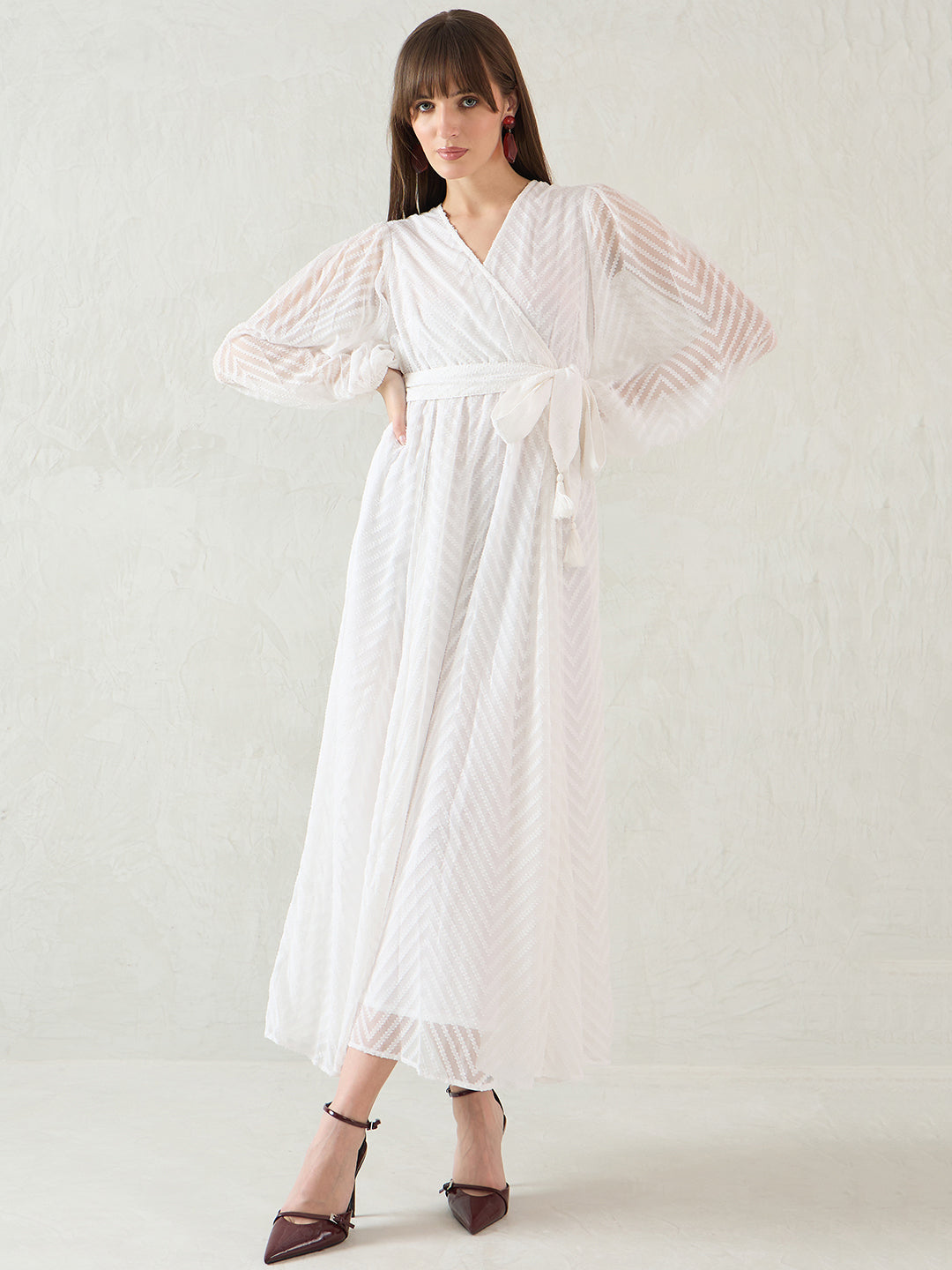 White Chevron Dobby Wrap Maxi Dress