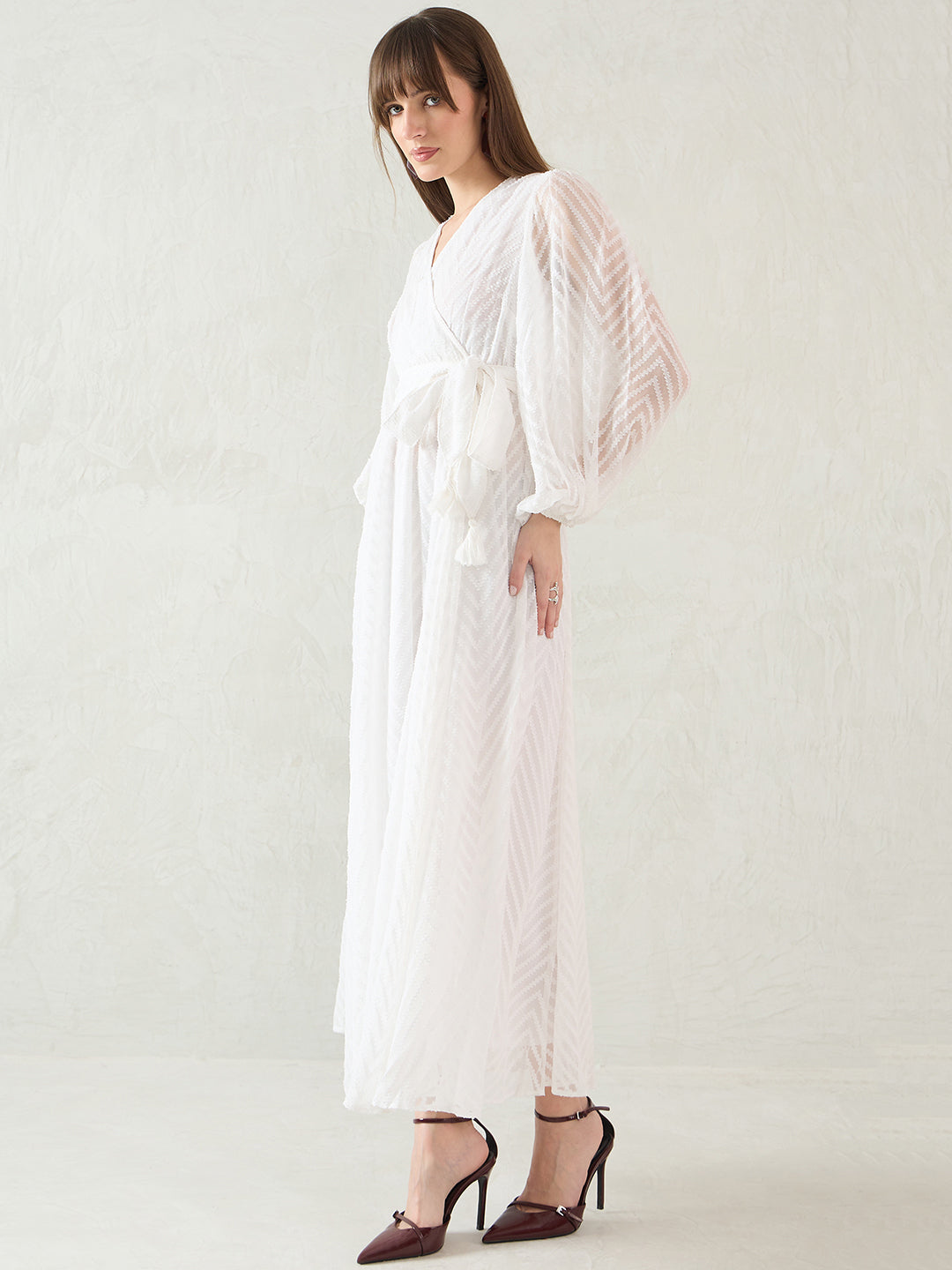 White Chevron Dobby Wrap Maxi Dress