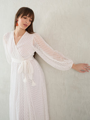 White Chevron Dobby Wrap Maxi Dress