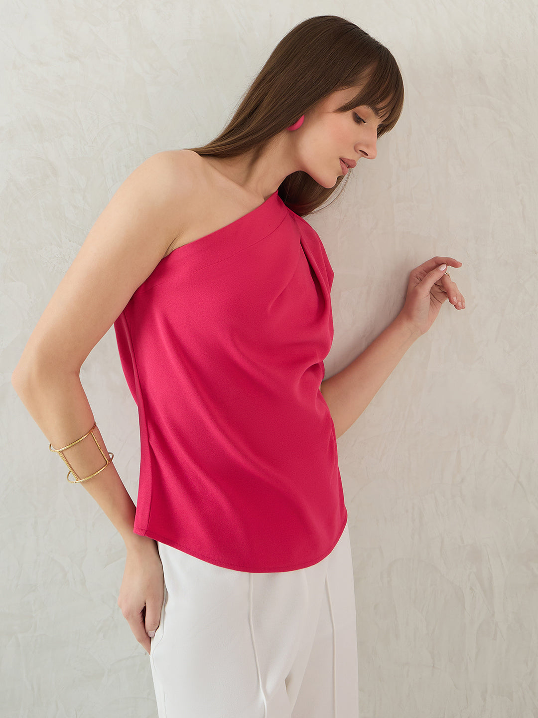 Pink Pleated One Shoulder Top