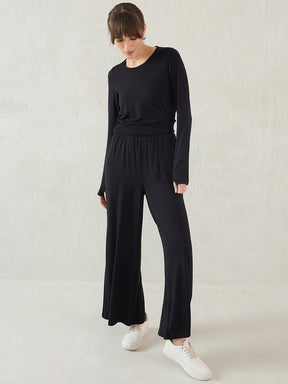 Black Knit Smocking Detail Wide-leg Pants