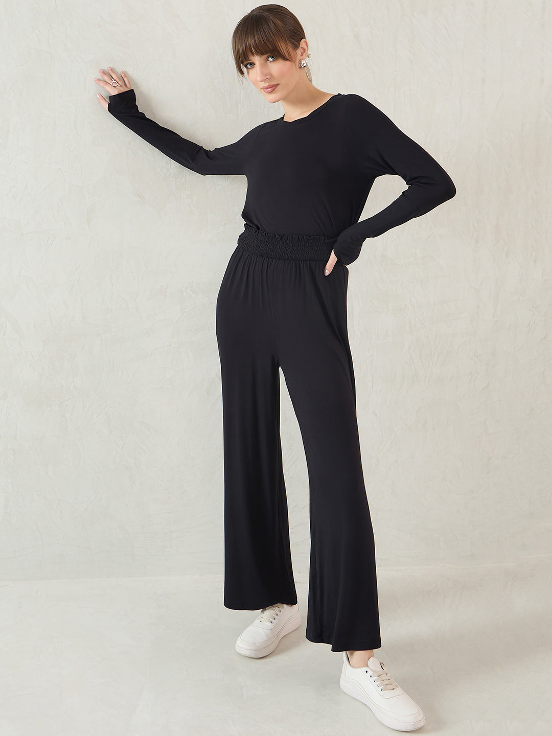 Black Knit Smocking Detail Flared Pants