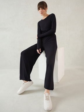 Black Knit Smocking Detail Wide-leg Pants