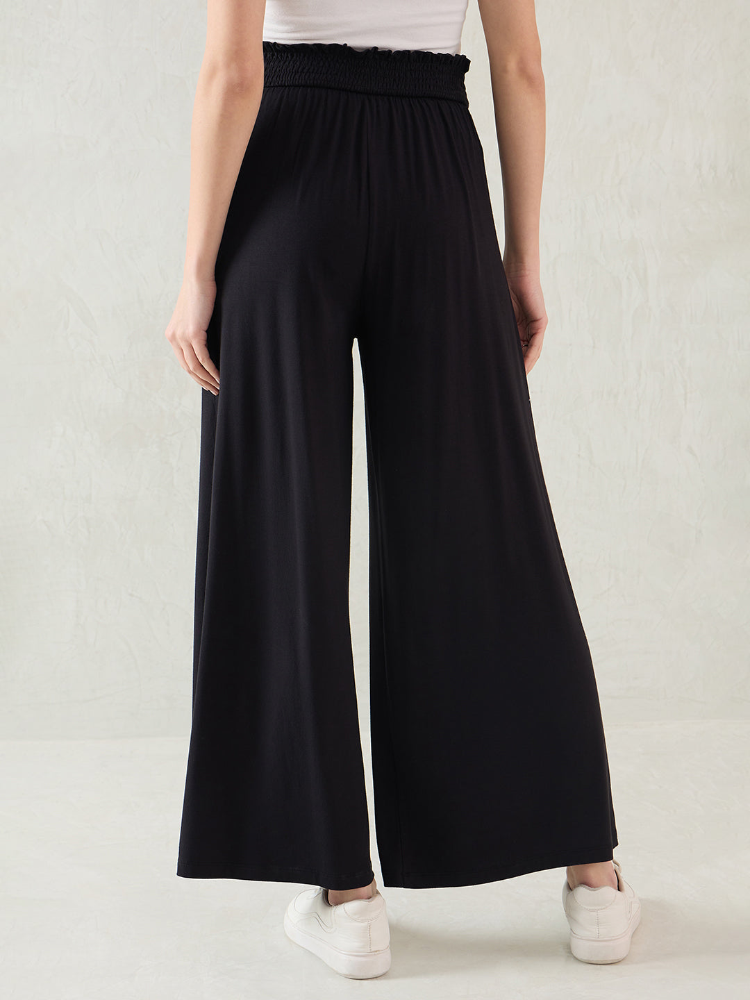 Black Knit Smocking Detail Wide-leg Pants