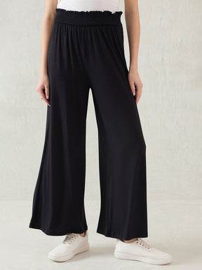 Black Knit Smocking Detail Wide-leg Pants