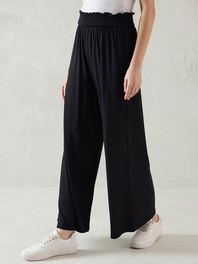 Black Knit Smocking Detail Wide-leg Pants