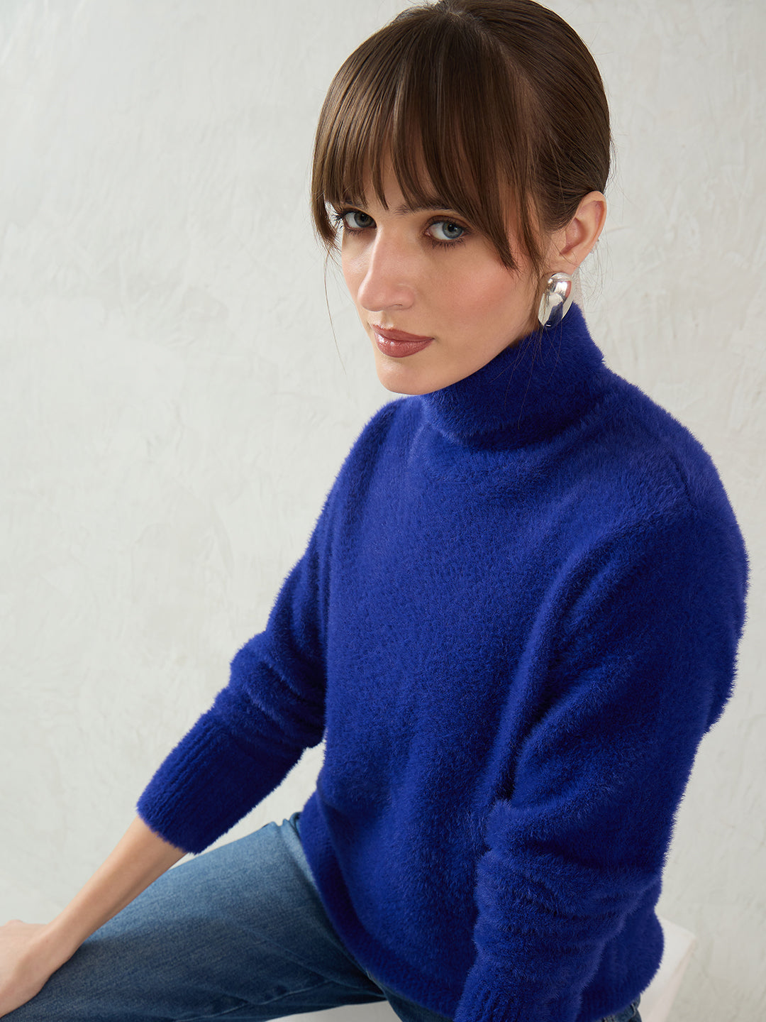 Royal Blue Fur High Neck Sweater