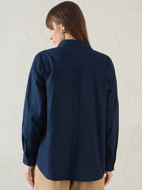 Navy Cotton Back Button Detailing Shirt