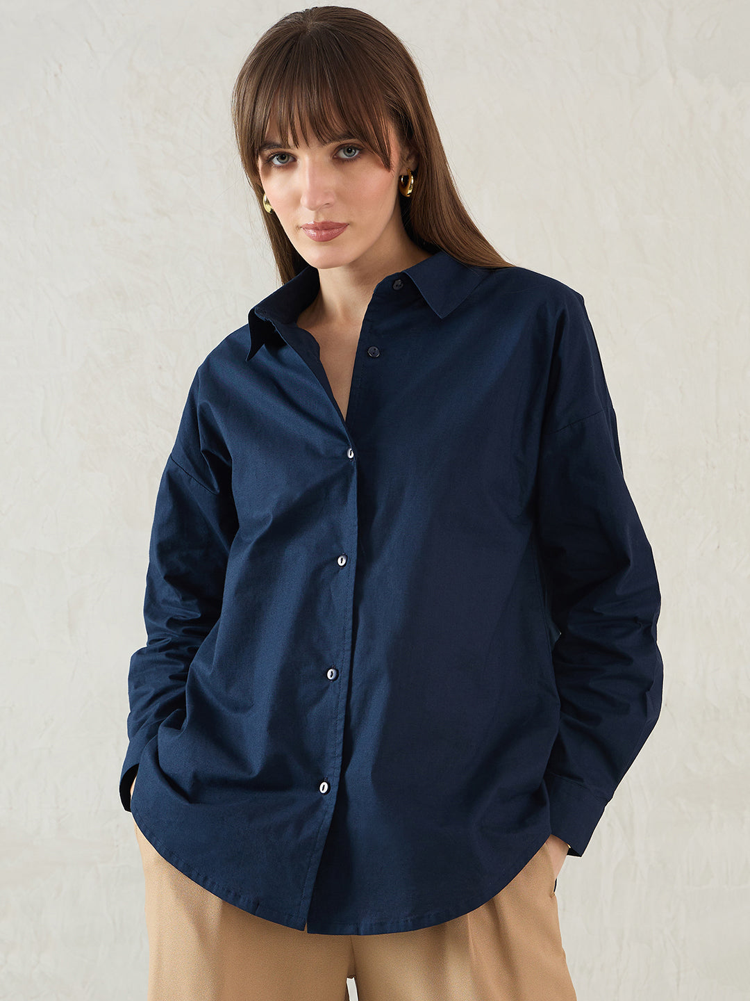 Navy Cotton Back Button Detailing Shirt