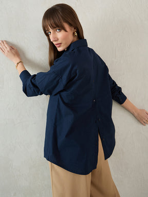 Navy Cotton Back Button Detailing Shirt