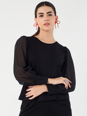 Black Round Neck Dobby Sleeves Top