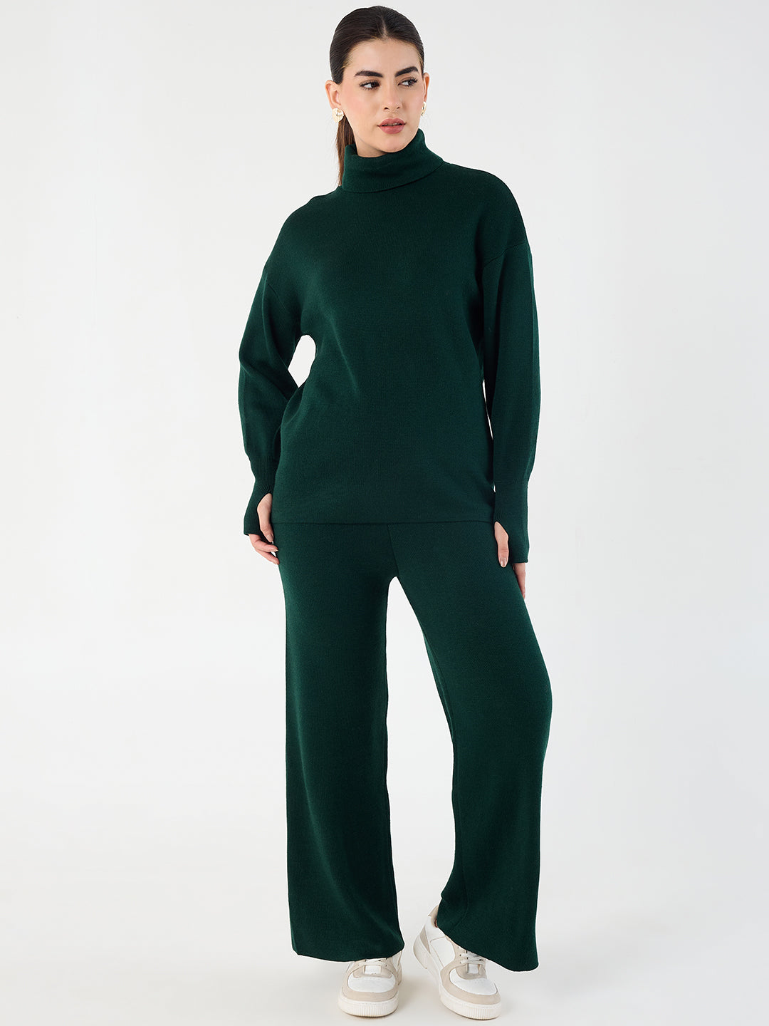 Forest Green Knitted High Neck Sweater With Straight Pant