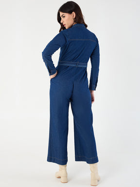 Navy Blue Zipper Detail Denim Jumpsuit