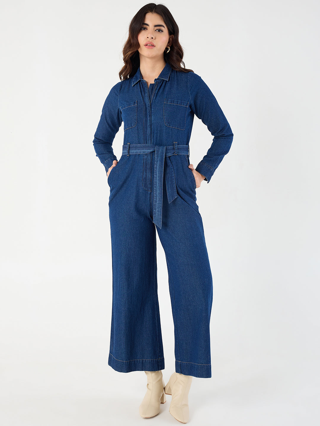 Navy Blue Zipper Detail Denim Jumpsuit