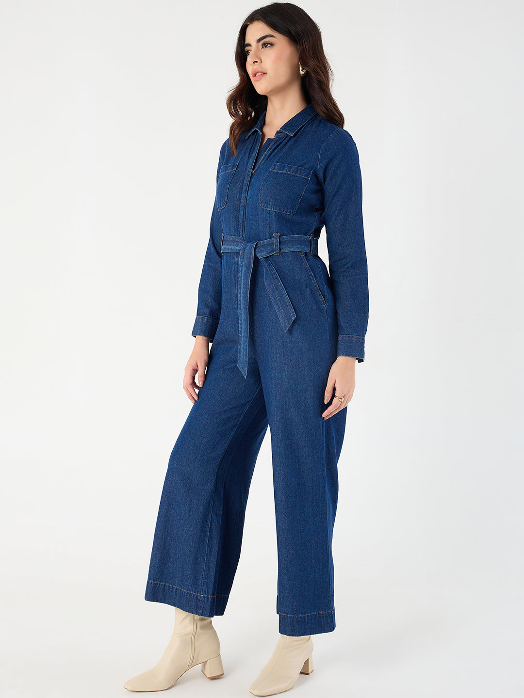 Navy Blue Zipper Detail Denim Jumpsuit