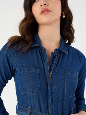 Navy Blue Zipper Detail Denim Jumpsuit