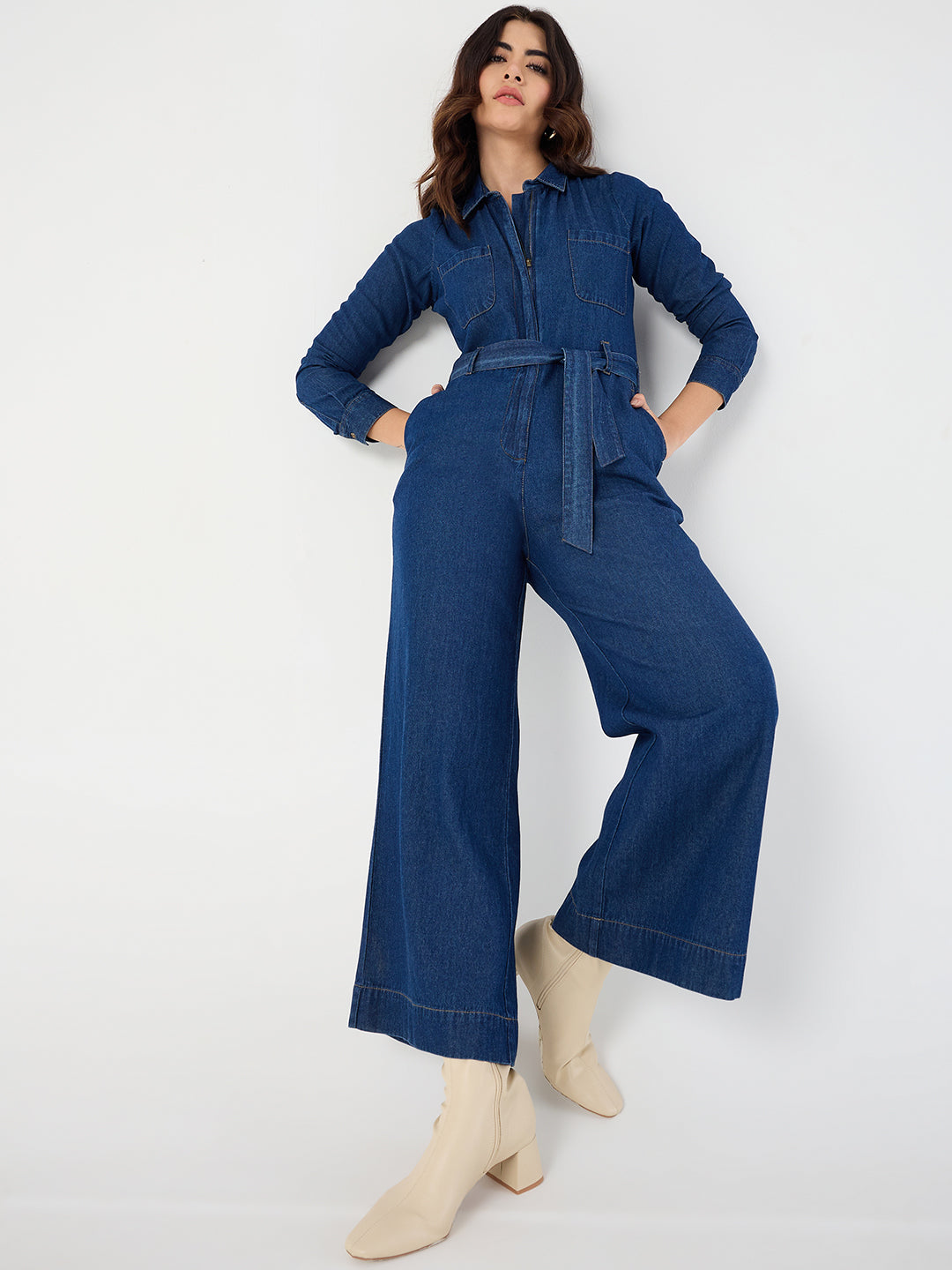 Navy Blue Zipper Detail Denim Jumpsuit