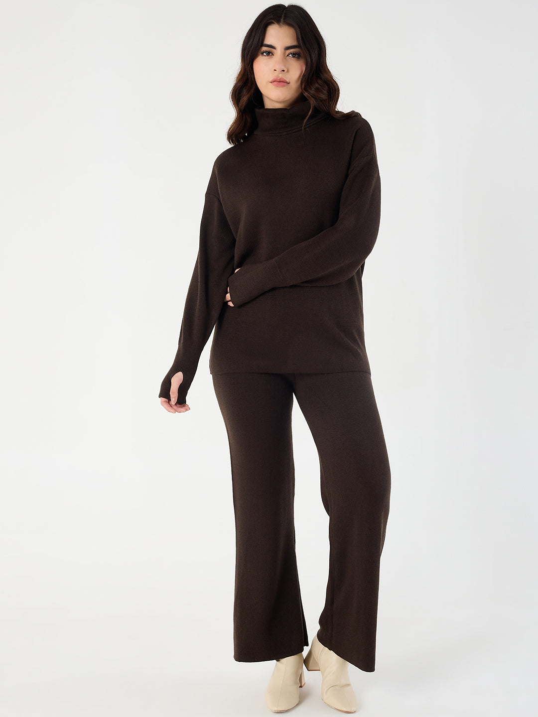 Coffee Brown Knitted High Neck Sweater With Straight Pant