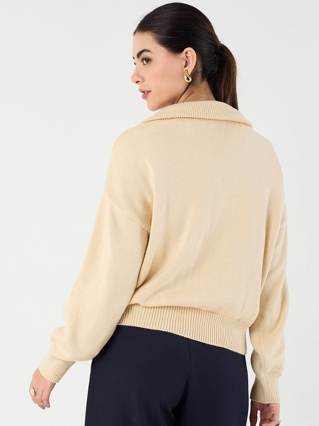 Beige High Neck Half Pulle Sweater