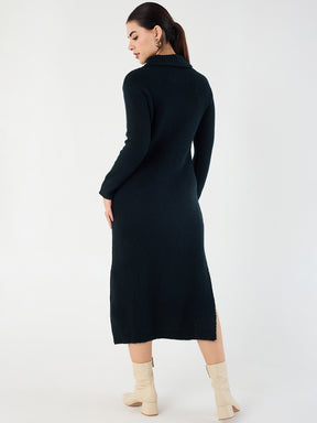 Black High Neck Slit Midi Dress