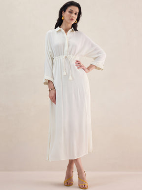 Off White Crinkled Shirt Maxi Dress