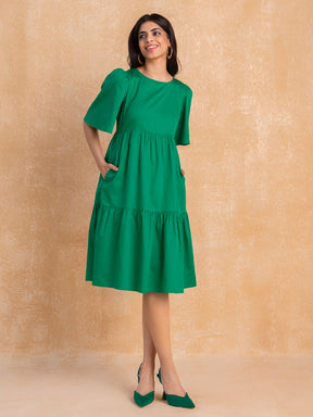 Green Cotton Round Neck Tier Midi Dress