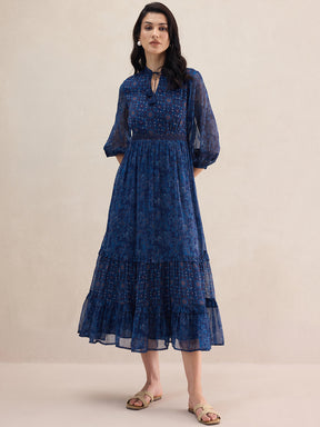 Navy Paisley Printed Tiered Maxi Dress