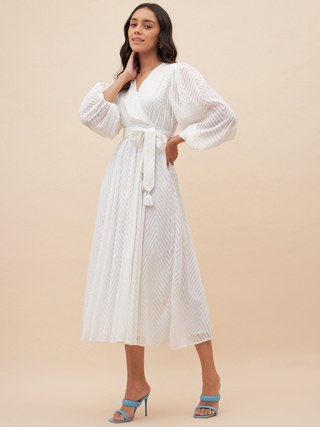 White Chevron Dobby Wrap Maxi Dress