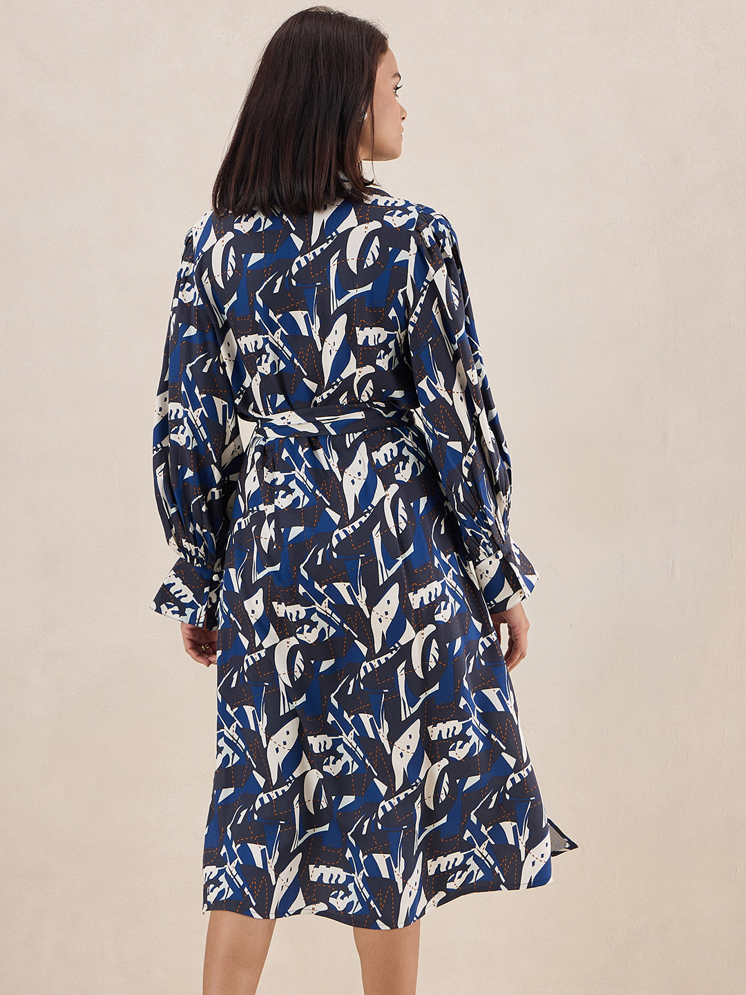 Blue Abstract Printed Belted Midi Dress